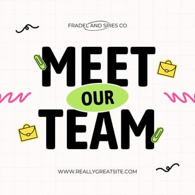 the words meet our team on a white background with black and pink lines around it