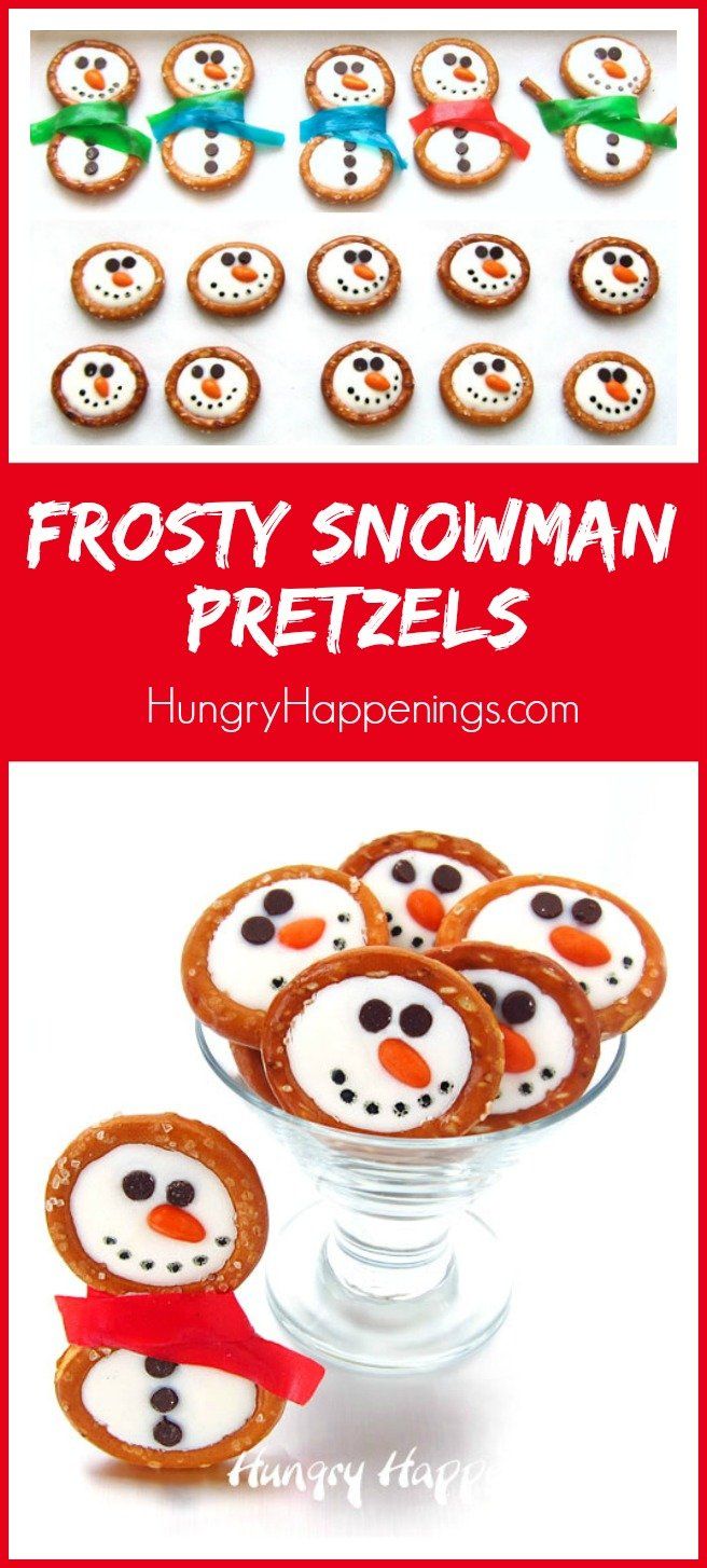 frosty snowman pretzels in a glass bowl with the words frosty snowman pretzels on top