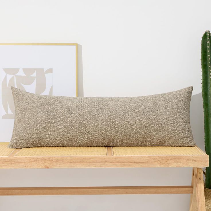 a pillow sitting on top of a wooden bench next to a cactus