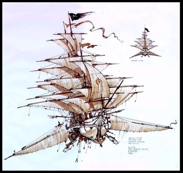 an artistic drawing of a ship with sails