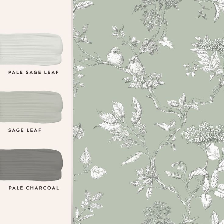 wallpaper with different shades of grey and white flowers on it, including pale sage leaf, sage leaf, pale charcoal