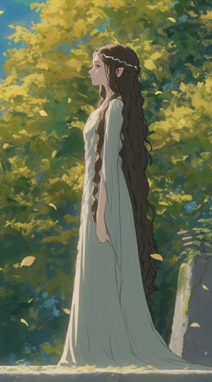 a woman with long hair standing in front of trees and looking off into the distance