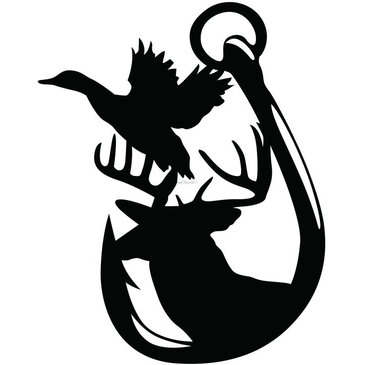 a black and white silhouette of two birds on a hook with an antelope