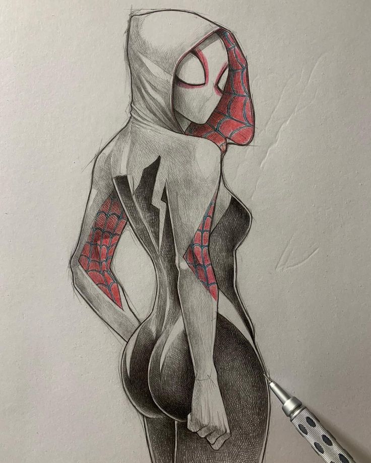 a drawing of a woman with a spider - man mask on her head and hands behind her back