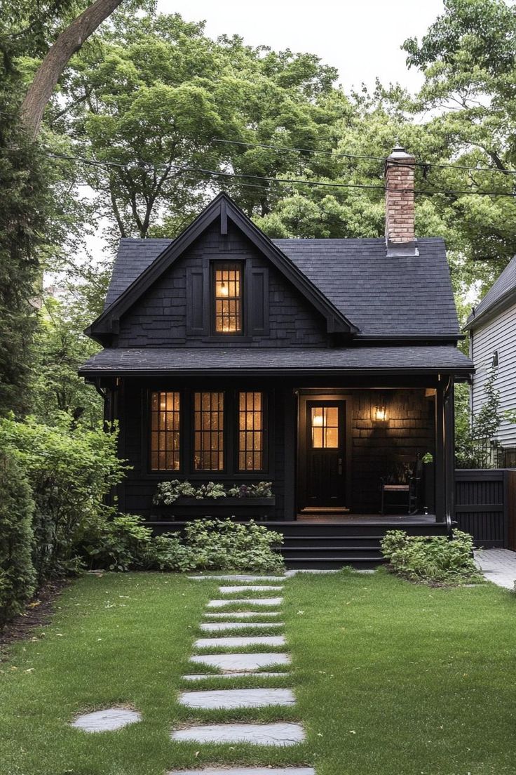 a small black house with steps leading to the front door