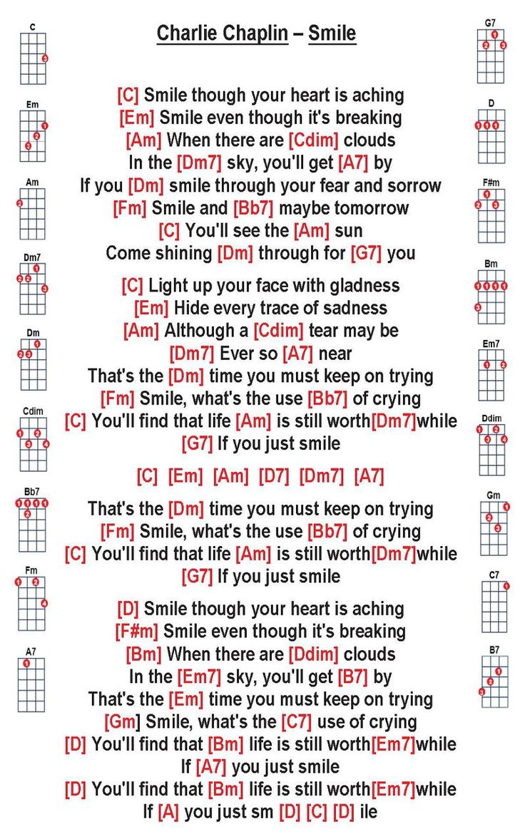 the guitar chords for charlie chapin's smile, which is written in red and black