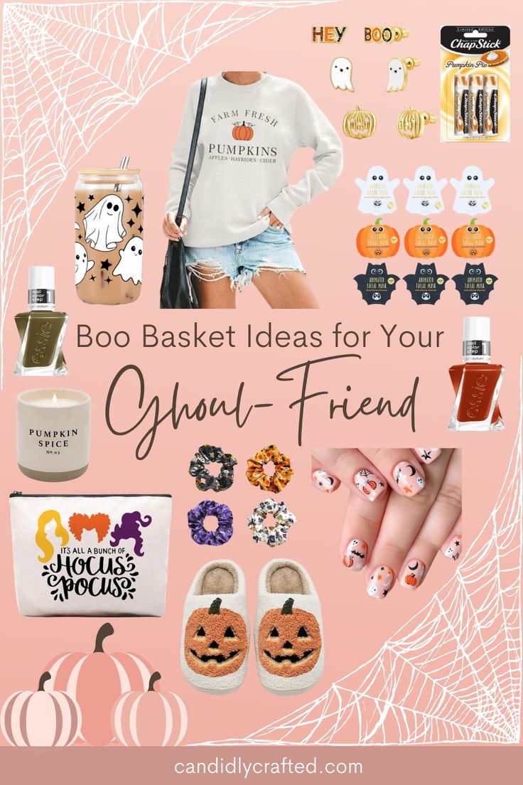 Mood board showing gift ideas to include in a boo basket for your bestie or girlfriend. Boo Basket For Women, Friend Boo Basket, Bestie Boo Baskets, Halloween Gift Baskets For Friends, Spooky Basket Ideas For Friends, Basket Gift Ideas For Women, Spooky Basket For Men, Bae Baskets, Boo Basket Ideas For Girlfriend