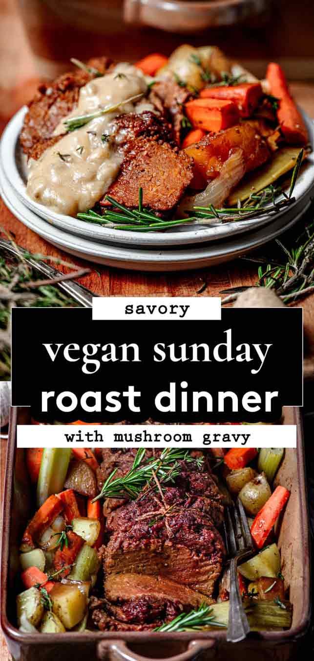 two plates with meat, vegetables and gravy next to the words vegan sunday roast dinner