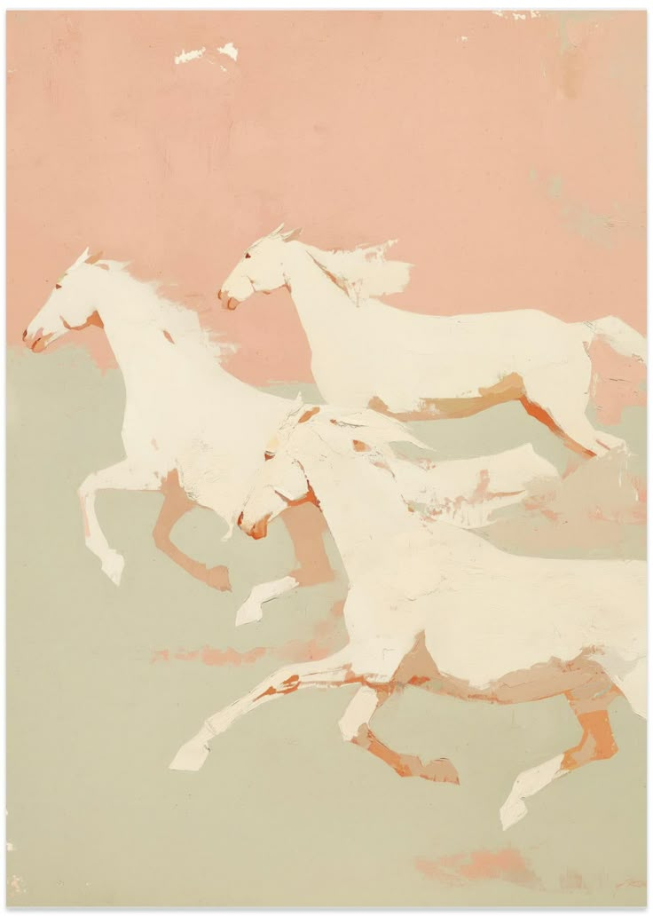 two white horses running in the air with pink and green background on wall behind them