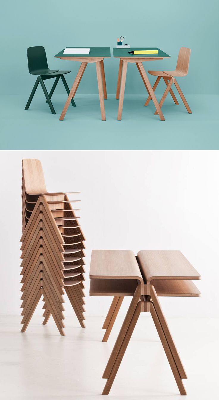 three different types of chairs and tables stacked on top of each other in various positions