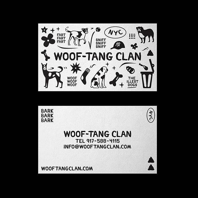 two white business cards with black and white images on them, one is for woof - tang clan