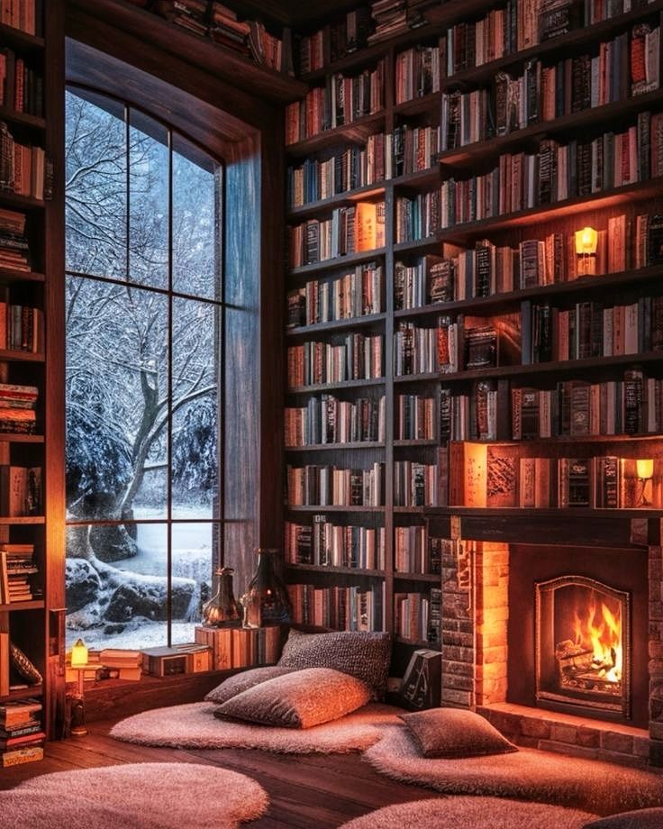 a room filled with lots of books and a fire place next to a large window