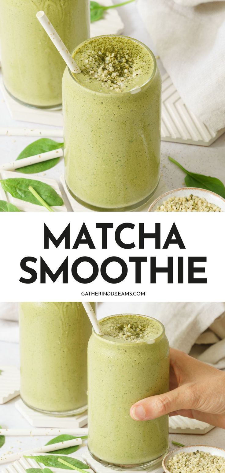 matcha smoothie in a glass with a spoon and green leaves on the side