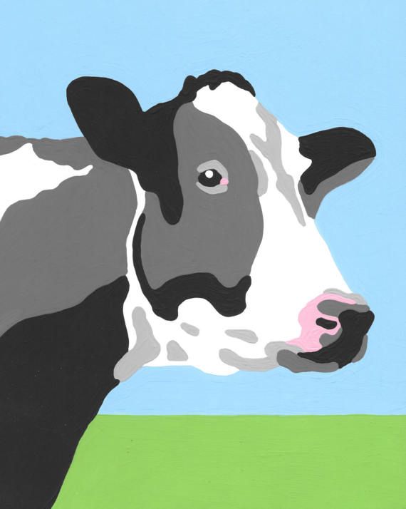 a painting of a black and white cow on a blue sky background with green grass