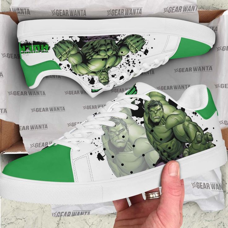 Avengers Hulk Skate Shoes Custom All of our Skate Shoes like smith styles are custom-made-to-order and handcrafted to the highest quality standards. Each designed pair is a one-of-a-kind, combining handcrafting tradition, quality, and modern style. Features a semi-glossy leather to make the shoes more breathable and easier to clean. Includes a removable memory foam insole pad for comfort and support. Please allow 7-10 business days to receive a tracking number while your order is hand-crafted, p Marvel Shoes, Clean White Leather, Custom Skates, Avengers Hulk, Tennis Legends, Hulk Avengers, Cartoon Shoes, Smith Shoes, Green Heels