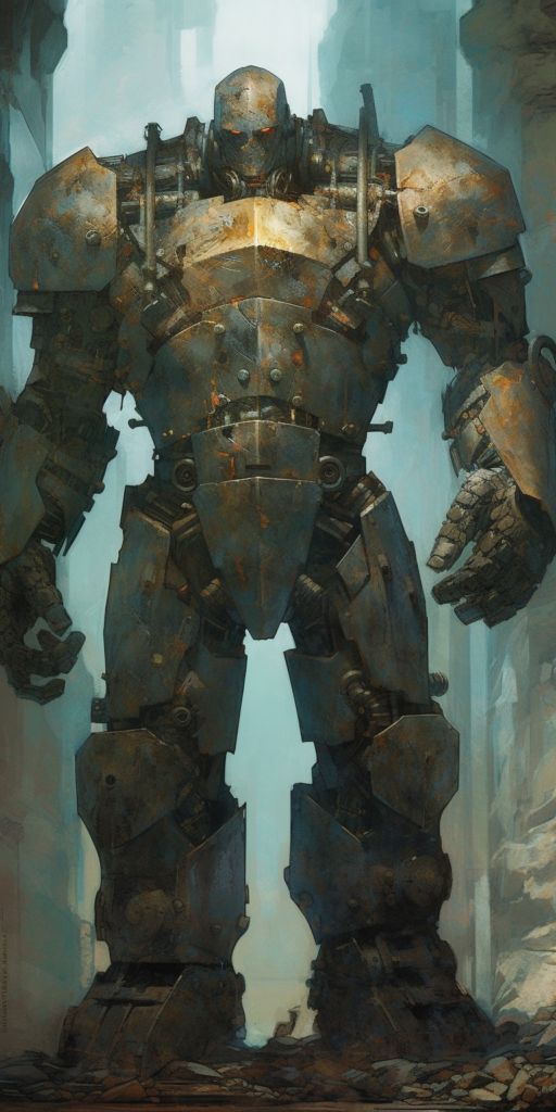 a giant robot standing in the middle of a forest