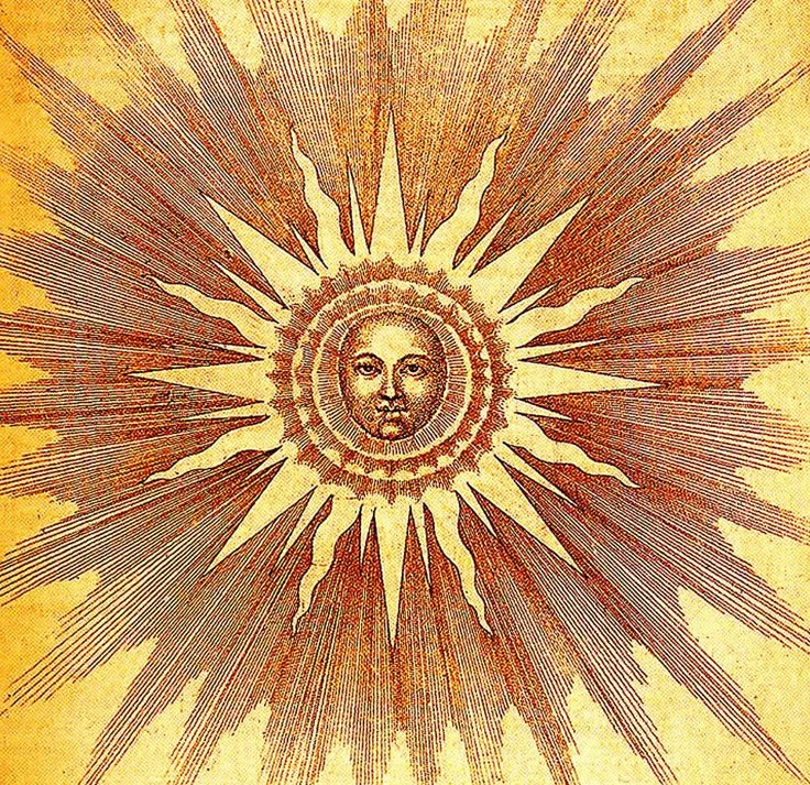 an artistic painting with sun rays and a woman's face in the center on yellow paper