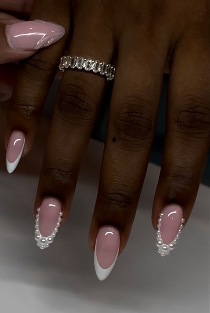 Almond French With Pearls, Classy Nails Design Ideas Almond, Almond Pearl French Tip Nails, Hailey Bieber Wedding Nails, Almond French Tip With Pearls, Pearl Prom Nails, Pearls Nails Design, Acrylics With Pearls, Soft Feminine Nails