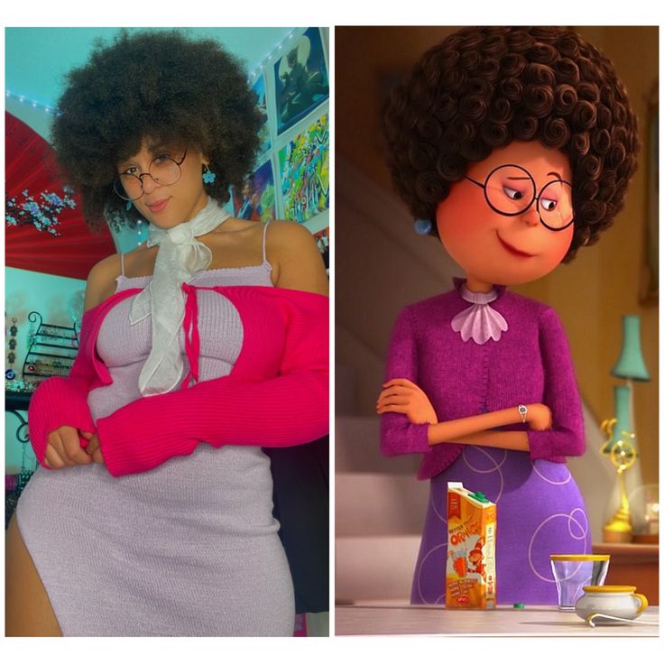 two pictures of the same woman in different outfits, one is wearing glasses and the other has an afro