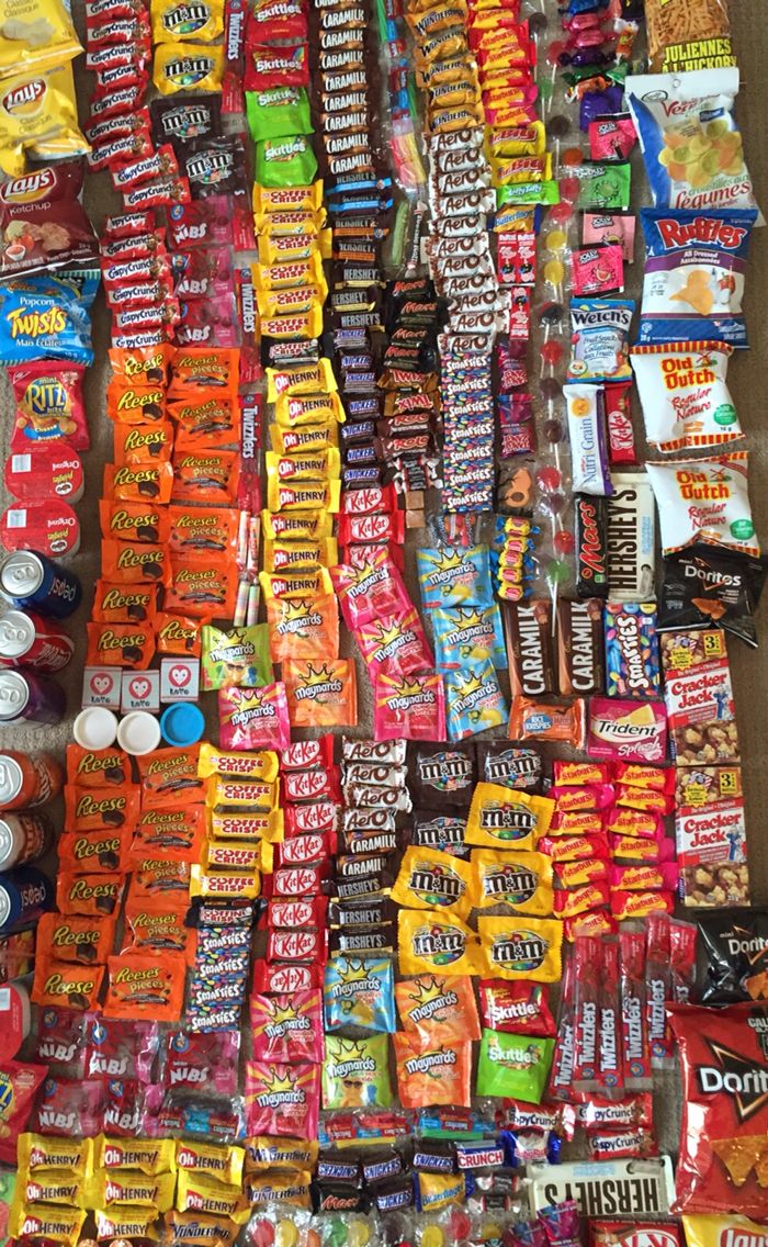 an assortment of candy and snacks on display