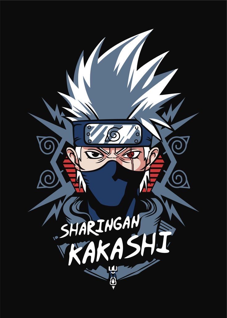 an anime character with white hair and blue eyes, wearing a black shirt that says sharigan kakashi