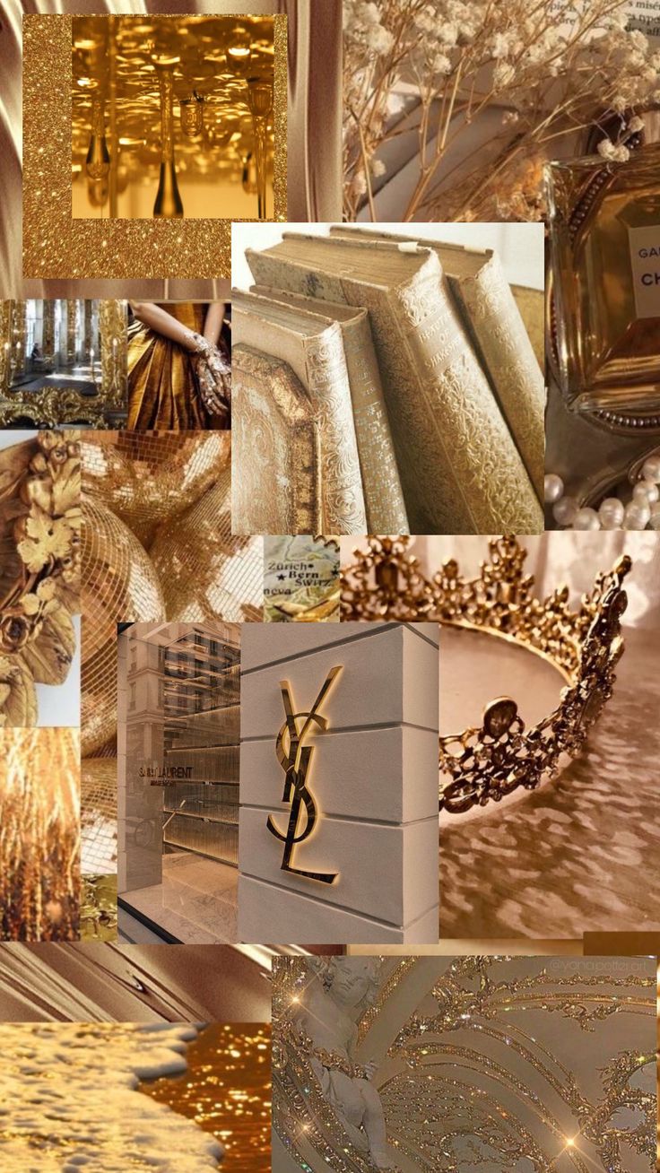 gold and white collage with many different items