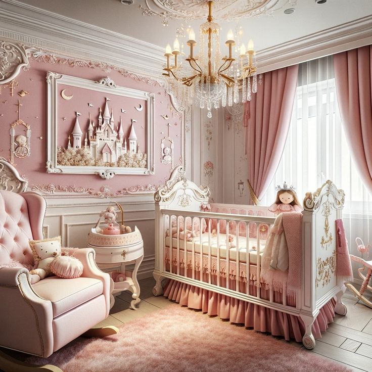 a baby's room with pink walls and furniture