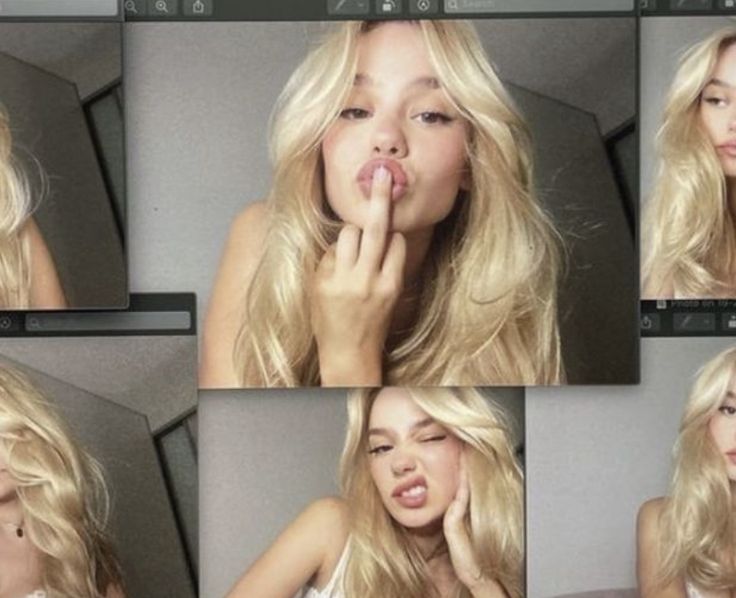 multiple images of a blonde woman with her finger in her mouth and tongue out to the side