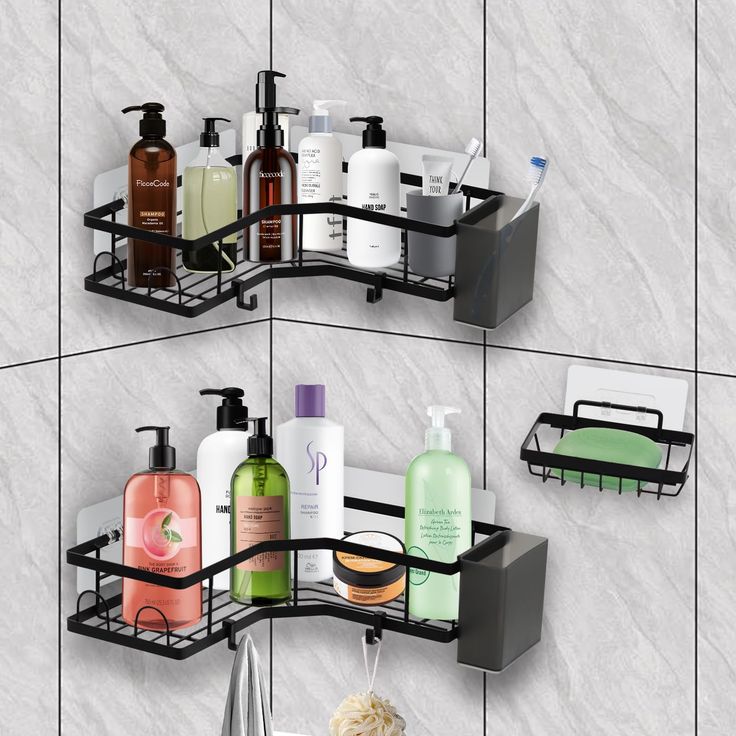 two black bathroom shelves with soap, lotion and hand sanitizers