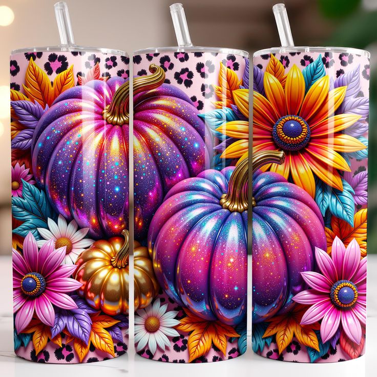 the colorful pumpkins and flowers are painted on this pair of mugs with matching handles