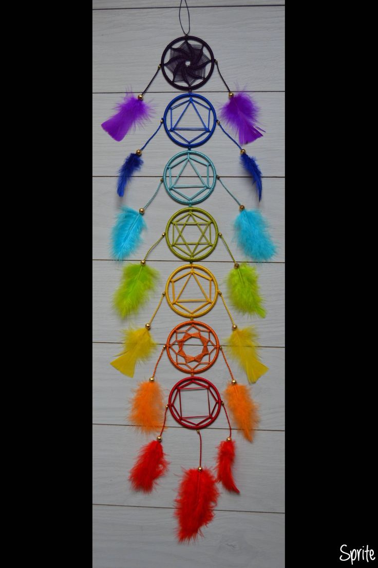 a rainbow colored dream catcher hanging on a wall