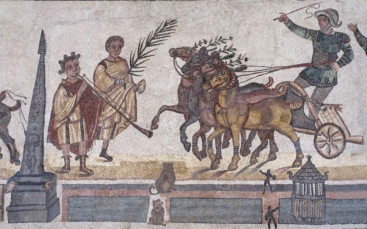 an artistic mosaic with men on horses and chariots