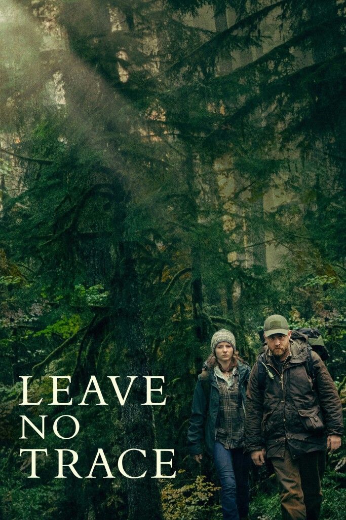 the poster for leave no trace shows two people walking through a forest with trees in the background