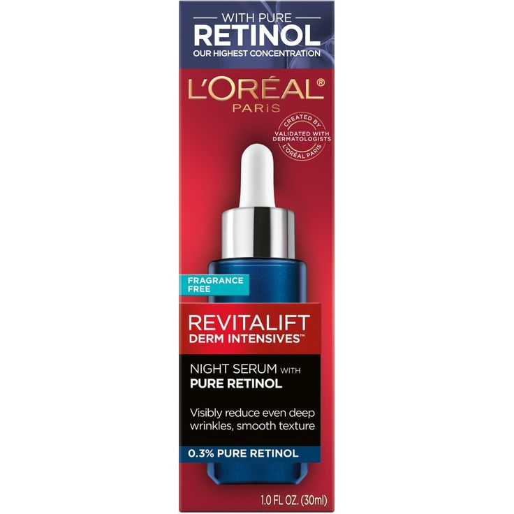 Revitalift Night Serum with 0.3 percent Pure Retinol is dermatologist-validated, works to reduce wrinkles, even deep ones, smooth texture. Fragrance free L'Oreal Paris Revitalift Derm Intensives Night Serum, 0.3 Percent Pure Retinol, 1 fl oz; Night Serum with 0.3 percent Pure Retinol - visibly reduces wrinkles, even deep ones PURE RETINOL - Our most potent retinol in a clinical study, 100 percent of women showed reduction in wrinkles, even deep ones Dermatologist Validated for safety, efficacy, Loreal Revitalift, Smooth Skin Texture, Uneven Skin Texture, Night Serum, Anti Aging Ingredients, Peeling Skin, Retinol Serum, Deep Wrinkles, Purim