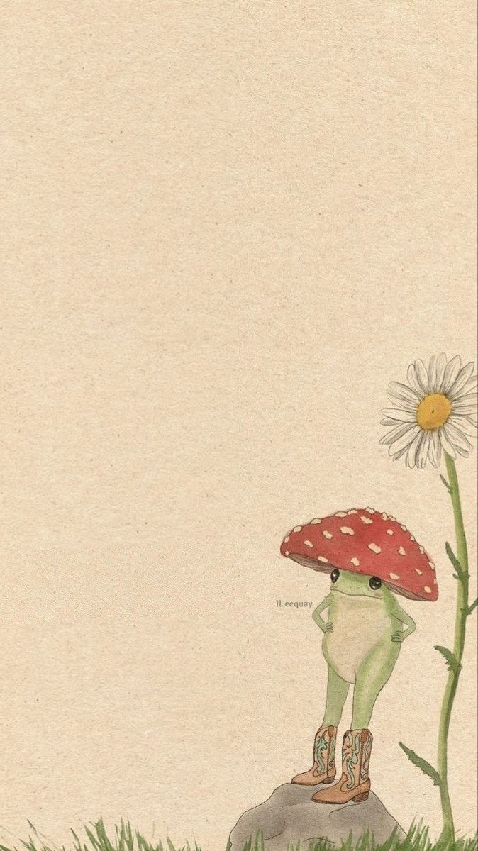 a drawing of a person with a mushroom hat and boots standing in front of a flower