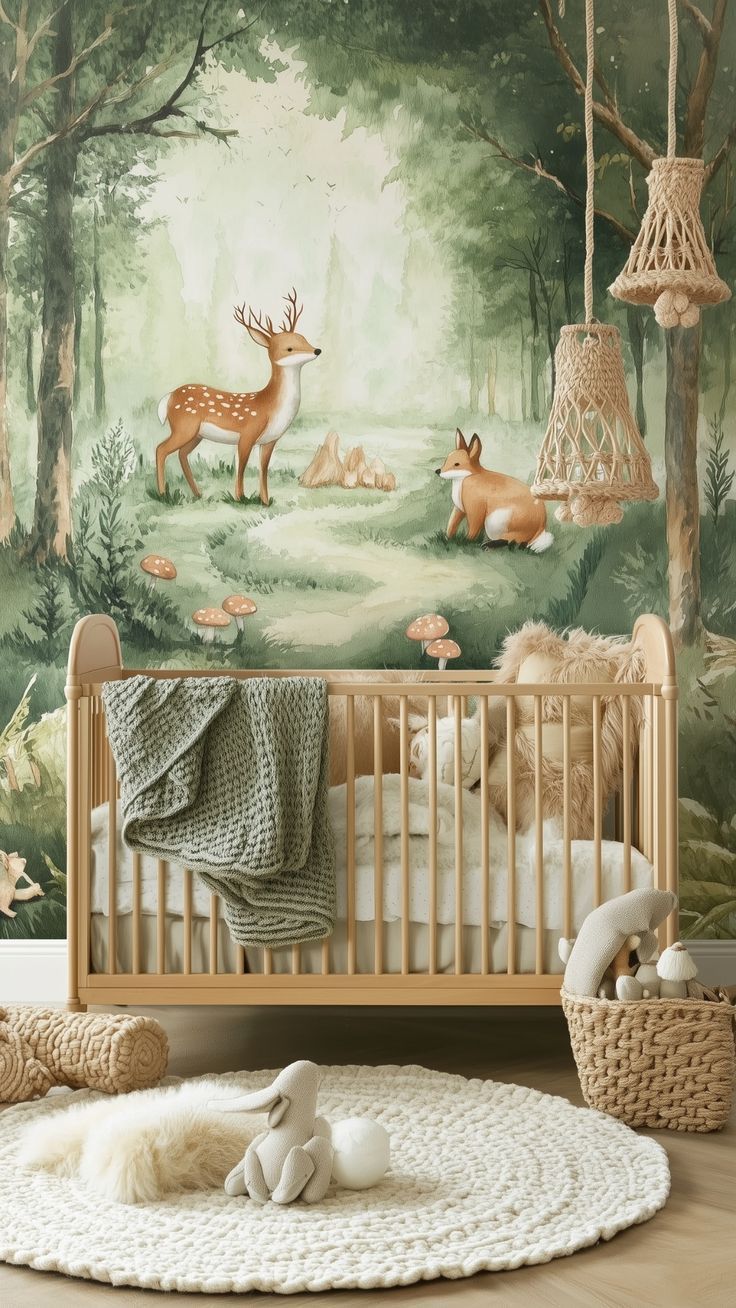 An enchanting woodland-themed nursery with a forest mural, cozy textures, and natural decor for a magical, whimsical feel. Woodland Room Ideas, Forest Nursery Mural, Forest Baby Rooms, Green Nursery Ideas, Woodland Baby Room, Woodland Mural, Woodland Room, Mural Nursery, Dreamy Nursery