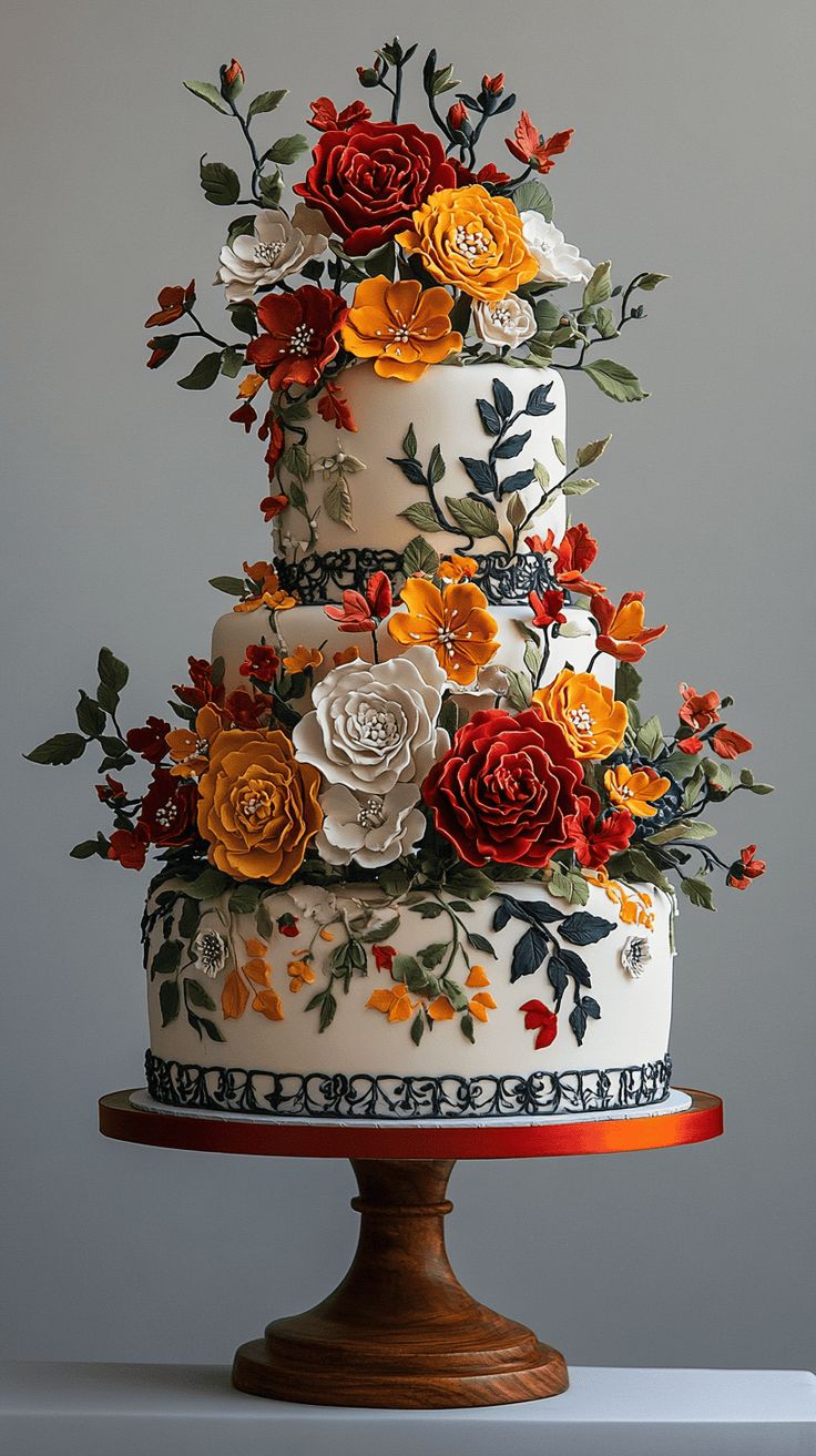 a multi - tiered cake decorated with flowers and leaves