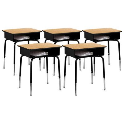 six school desks with wooden tops and metal legs