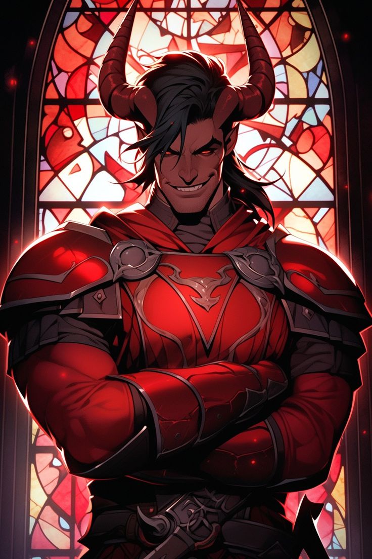 a man with horns and armor standing in front of a stained glass window, holding his arms crossed