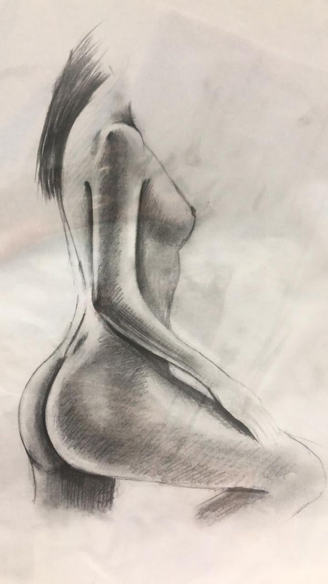 a pencil drawing of a naked woman's head and shoulders, sitting on the ground