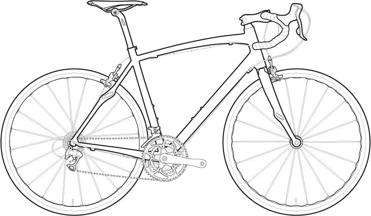 a drawing of a bicycle with the front wheel and seatposts extended, on a white background