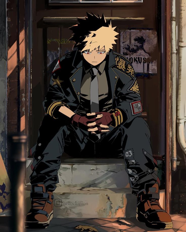 an anime character sitting in front of a door with his hands on his knees and looking at his phone