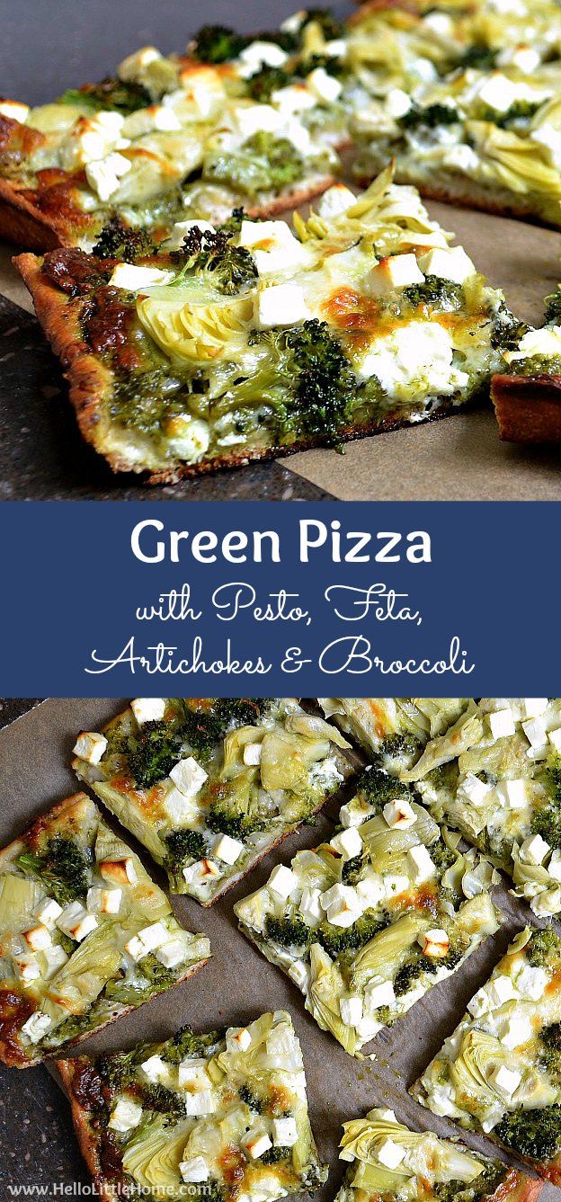 pizza with cheese and broccoli on it is cut into squares to be eaten