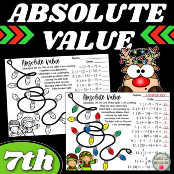 christmas math worksheet for absolute value and absolute value with an image of rudolph the reindeer