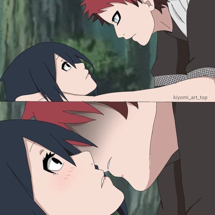 two anime characters with red and black hair, one is kissing the other's forehead