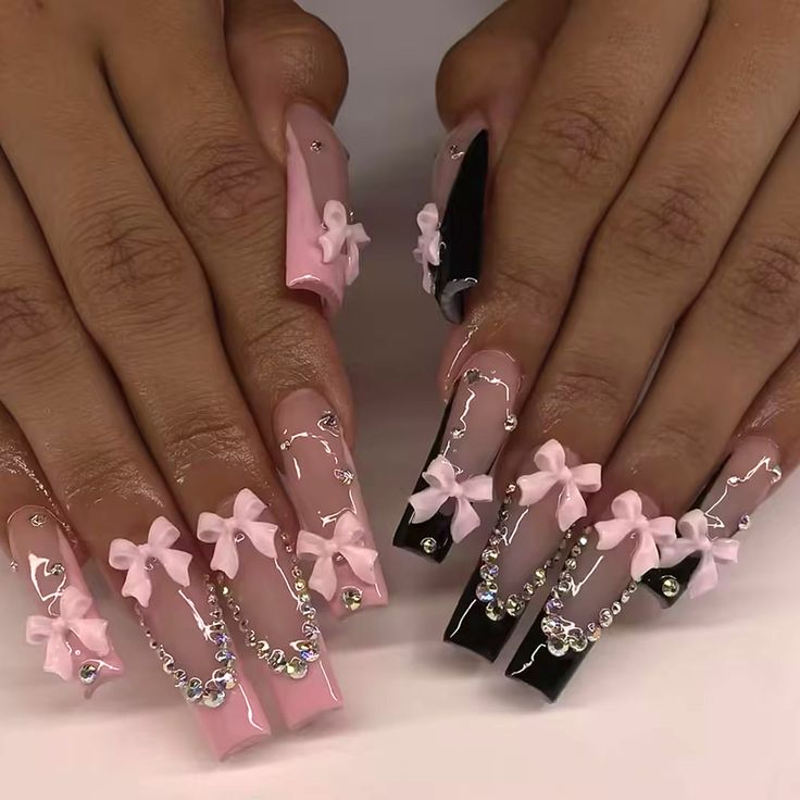 ARTAUG 24PCS Long coffin pink press on nails flash diamond nails ballectcore bowknot press on nails Press On Nails White, Nails Short Almond, French Tip Press On Nails, Long Press On Nails, Press On Nails Short, Nails Cute, Cheap Nail, Short Almond, Girly Acrylic Nails