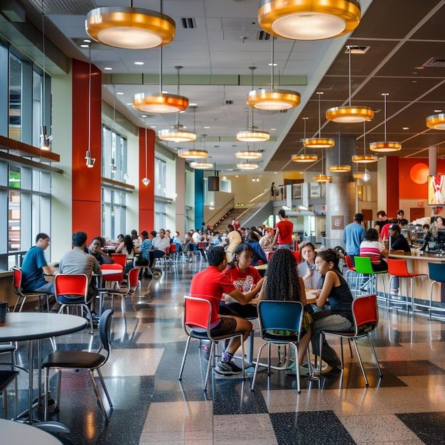 many people are sitting at tables and eating food in a cafeteria with checkered flooring