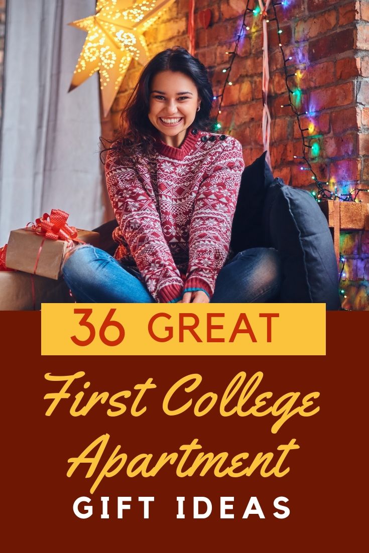 a woman sitting on a couch with presents in front of her and the words, great first college apartment gift ideas