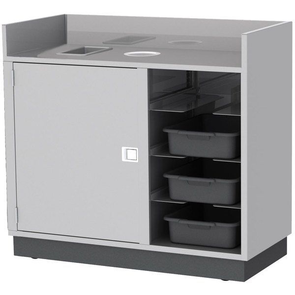 a cabinet with several bins on the bottom and one door open to reveal storage