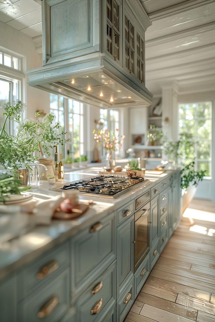 a large kitchen with blue cabinets and white counter tops is pictured in this image, there are plants on the island